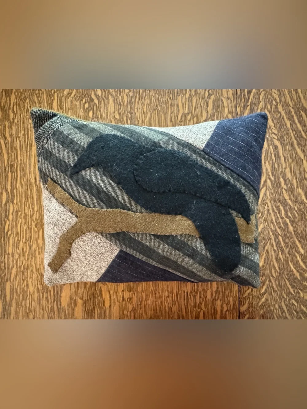 Patchwork Wool Decorative Pillow with Bird Applique - Navy, Gray, Olive